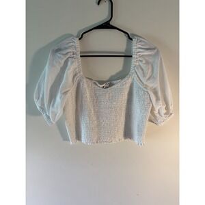 American Eagle Smocked Crop Top Womens M White Puff Sleeve Cotton Linen